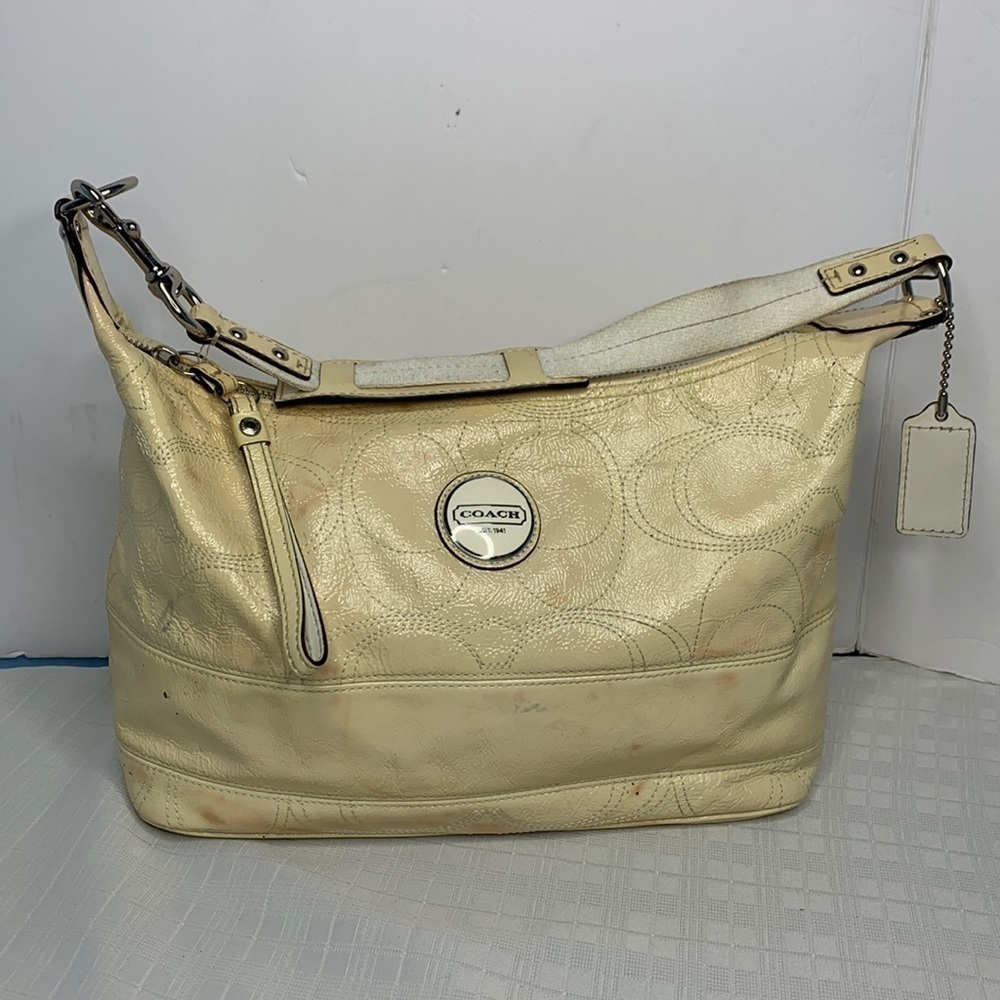 Coach Ivory Signature Stitch Crinkled Patent Leather Zip Hobo Shoulder Bag